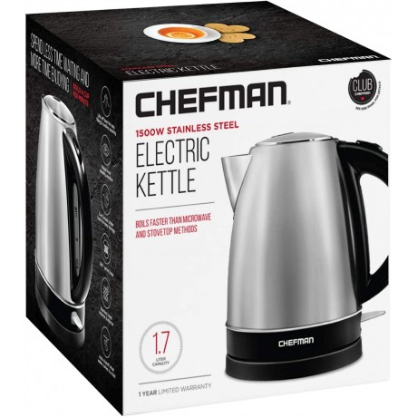 Chefman Stainless Steel Electric Kettle Quickly Heats Water Separates from Base for Cordless Pouring Auto Shut Off Boil Dry Protection BPA-Free Interior & Cool-Touch Handle 1.7 Liter 1.8 Quart B00J8NJEW0