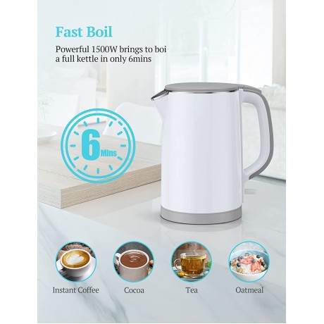 Electric Kettle Double Wall 100% Stainless Steel Cool Touch Tea Kettle with 1500W Fast Boiling Heater Cordless with Auto Shut-Off & Boil Dry Protection BPA-Free White B09JVTPFW6