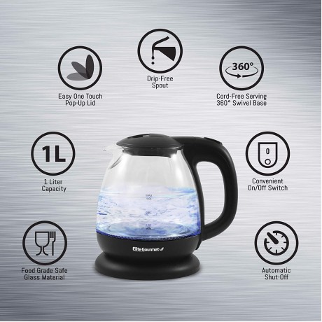 Elite Gourmet EKT1001 Electric BPA-Free Glass Kettle Cordless 360° Base Stylish Blue LED Interior Handy Auto Shut-Off Function – Quickly Boil Water For Tea & More Black B08FVFYB8Y