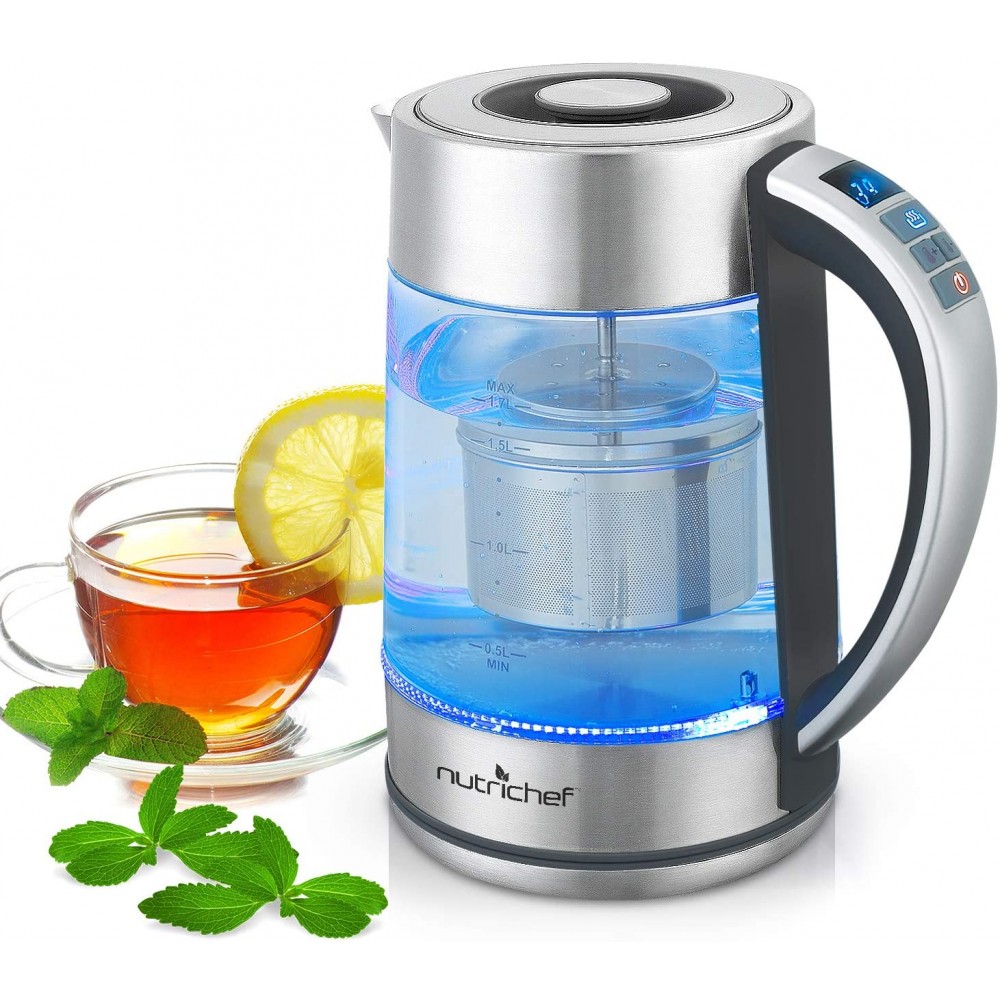 Hot Water Boiler Glass Kettle Digital 1.7L Portable Easy Pour Teapot Coffee Brewer Stainless Steel Inner Filter Adjustable Temperature Control 60 Mins Keep Warm Function NutriChef PKWTK75 B07G7MBQPS