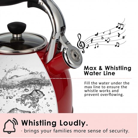 Rorence Whistling Tea Kettle: 2.5 Quart Stainless Steel Kettle with Capsule Bottom & Heat-resistant Glass Lid Red B08YRFQW2Y