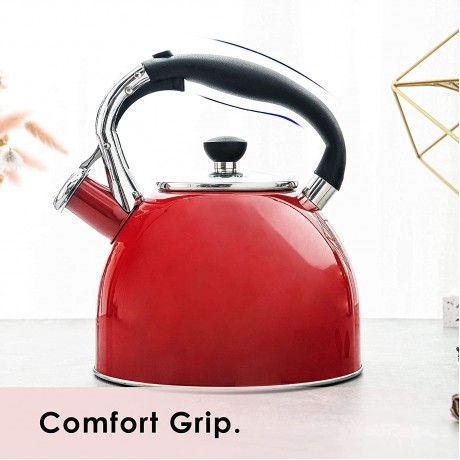 Rorence Whistling Tea Kettle: 2.5 Quart Stainless Steel Kettle with Capsule Bottom & Heat-resistant Glass Lid Red B08YRFQW2Y