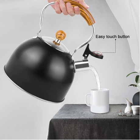Whistling Tea Kettle ENLOY 2.65 Quart Food Grade Stainless Steel Tea Kettles with Wood Pattern Folding Handle Loud Whistle for Tea Coffee Milk etc Gas Electric Applicable B09137FZRV
