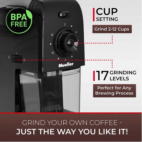 Mueller SuperGrind Burr Coffee Grinder Electric with Removable Burr Grinder Part Up to 12 Cups of Coffee 17 Grind Settings with 5,8oz 164g Coffee Bean Hopper Capacity Black B08RLJNBKK