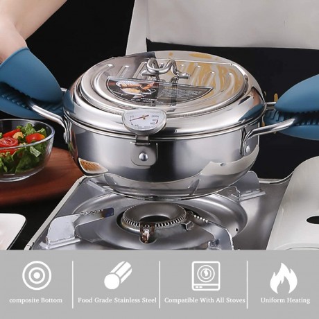 AQUIVER 2.3Qt Tempura Deep Fryer 8.3 Stainless Steel Frying Pot with Thermometer & Oil Drip Rack Lid for Tempura French Fries Chicken Steak Shrimp Squid Biscuit Meatballs B08HRNWH99