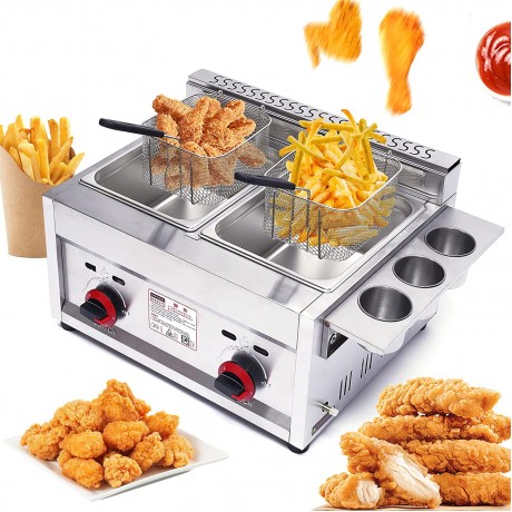 12L Dual Tanks Commercial LPG Gas Deep Fryer w 2 Fry Baskets High Capacity Countertop Kitchen Stainless Steel Frying Machine for French Fry Restaurants Supermarkets Fast Food Stands B09TT57DPK