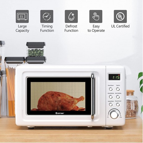 COSTWAY Retro Countertop Microwave Oven 0.7Cu.ft 700-Watt High Energy Efficiency 5 Micro Power Delayed Start Function with Glass Turntable & Viewing Window LED Display Child Lock White B07N8TYG5N