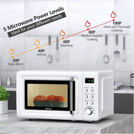 COSTWAY Retro Countertop Microwave Oven 0.7Cu.ft 700-Watt High Energy Efficiency 5 Micro Power Delayed Start Function with Glass Turntable & Viewing Window LED Display Child Lock White B07N8TYG5N