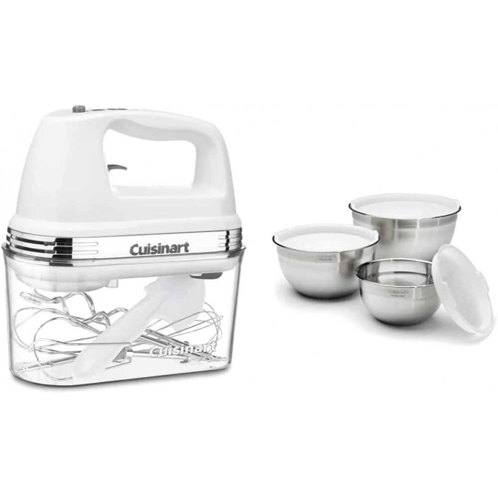 Cuisinart HM-90S Power Advantage Plus 9-Speed Handheld Mixer with Storage Case White & CTG-00-SMB Stainless Steel Mixing Bowls with Lids Set of 3 B09MS2T48B