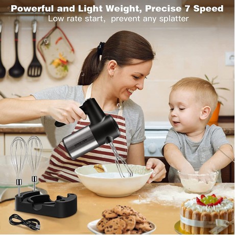 Rechargeable Cordless Hand Mixer Electric 7 Speed Electric Handheld Mixer with Storage Base Digital Screen 4 Stainless Steel Accessories for Easy Whipping Mixing Batters Dough Cookies Cakes B09XCTCSNZ