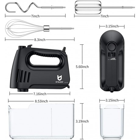 UTALENT Hand Mixer Electric，Multi-speed Electirc mixer for Whipping Dough Cream Cake & Cookies with Turbo Button Eject Button Storage Case 5 Stainless Steel Attachments 2 Beaters 2 Dough Hooks and 1 Whisk Black B08YNDDSXQ
