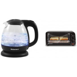 Elite Gourmet EKT1001B 1L Electric BPA-Free Glass Kettle Cordless 360° Interior Blue LED + ETO236 Personal 2 Slice Countertop Toaster Oven includes Pan & Wire Rack Bake Broil Toast Black B0B3MRN6G9