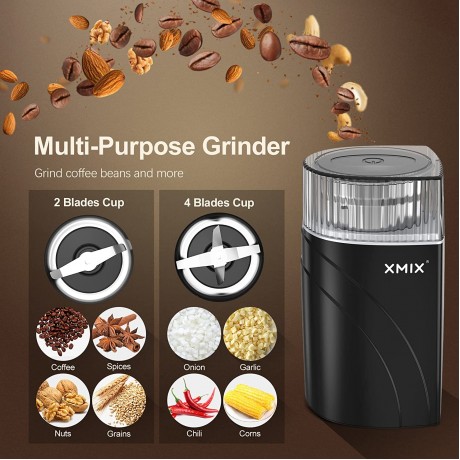 XMIX Coffee Grinder Electric Spice & Herb Grinder 12 Cup Capacity 200W Grinder for Spices Seeds and Nuts Splash-proof Lid 2 Removable Stainless Steel Bowls for Wet & Dry Grinding B0B3GHH65Q