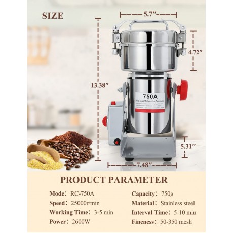 750g Commercial Spice Grinder Electric Grain Mill Grinder 2600W High Speed Pulverizer Stainless Steel Swing Type Dry Mill Machine for Kitchen Pepper Coffee Corn B08ZYWKH5L