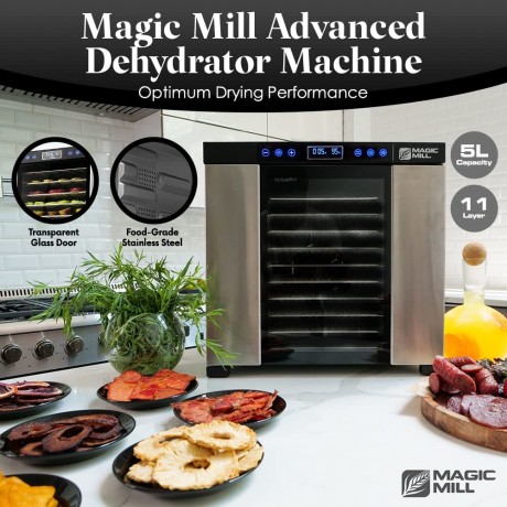 Magic Mill Food Dehydrator Machine | 11 Stainless Steel Trays | Adjustable Timer and Temperature Control | Jerky Herb Meat Beef Fruits and Vegetables Dryer | Safety Over Heat Protection B076HFCW4R