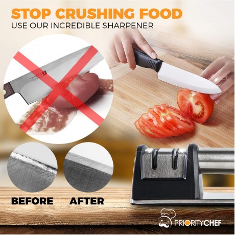 PriorityChef Knife Sharpener for Straight and Serrated Knives 2-Stage Diamond Coated Wheel System Sharpens Dull Knives Quickly Safe and Easy to Use B00VQK6D3G