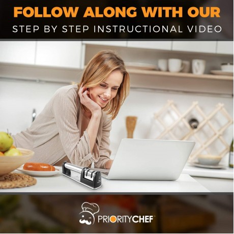 PriorityChef Knife Sharpener for Straight and Serrated Knives 2-Stage Diamond Coated Wheel System Sharpens Dull Knives Quickly Safe and Easy to Use B00VQK6D3G