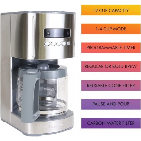 Kenmore Aroma Control Programmable 12-cup Coffee Maker Stainless Steel with Glass Carafe LCD Display Reusable Cone Filter and Charcoal Water Filter B075BDVPSH