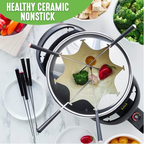 GreenLife 14 Cup Electric Fondue Maker Pot Set For Cheese Chocolate and Meat 8 Color Coded Forks Healthy Ceramic Nonstick Adjustable Temperature Control PFAS-Free Black B09C826HPM