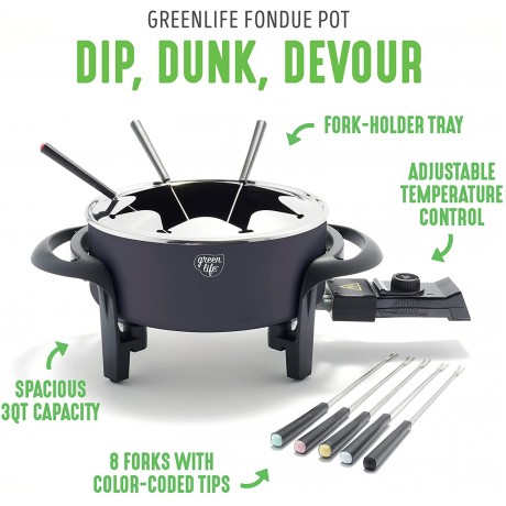 GreenLife 14 Cup Electric Fondue Maker Pot Set For Cheese Chocolate and Meat 8 Color Coded Forks Healthy Ceramic Nonstick Adjustable Temperature Control PFAS-Free Black B09C826HPM
