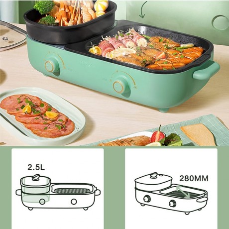 ZHANGLE Electric Grill with Hot Pot Frying Grilled Shabu All-in-one Pot Dual Temperature Control Fast Heating Non-Stick Smokeless Bakeware with Steaming Grid and Wooden Spatula B09C5S1S67