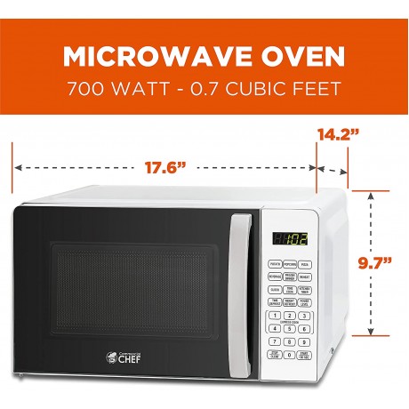 Commercial Chef 0.7 cu. ft. Countertop Microwave Oven 700 Watts Small Compact Size 10 Power Levels 6 Easy One Touch Presets with Popcorn Button Removable Turntable Child Lock B0913L8CG4