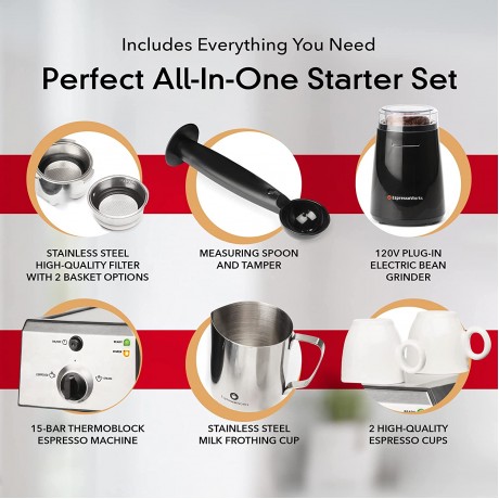Espresso Machine & Cappuccino Maker with Milk Steamer- 7 pc All-In-One Barista Bundle Set w Built-In Milk Frother Inc: Coffee Bean Grinder Milk Frothing Cup Spoon Tamper & 2 Cups Silver B01LWUI6B8