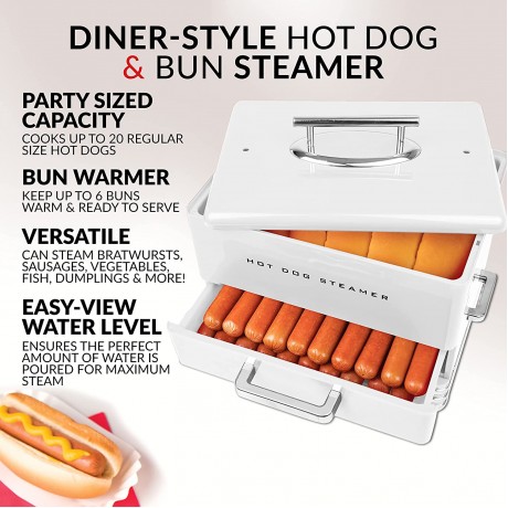 Nostalgia Extra Large Diner-Style Steamer 24 Hot Dogs and 12 Bun Capacity Perfect For Breakfast Sausages Brats Vegetables Fish-White B092DSJVVJ